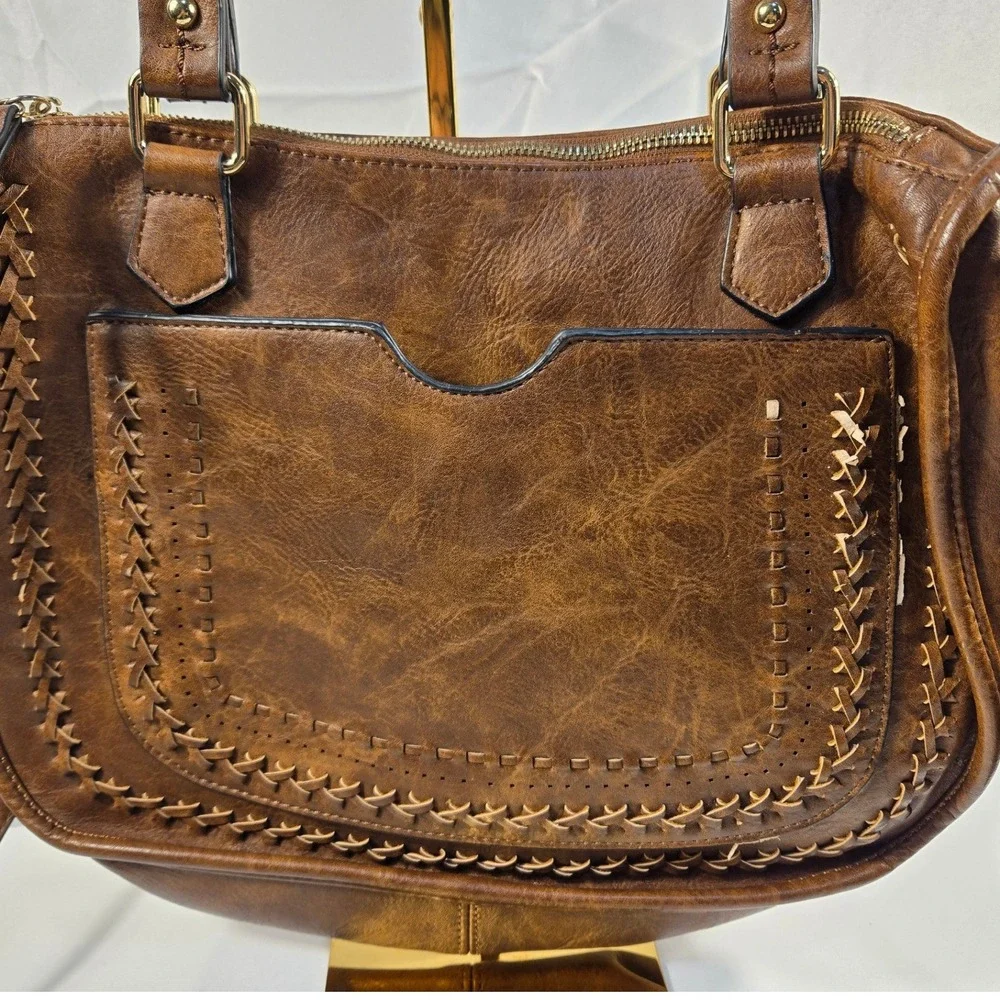 Brown Vegan Leather Whipstitch Boho Satchel Crossbody Bag with Geometric Lining
